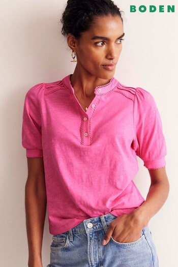 Boden Pink Pintuck Puff Sleeve Henley T-Shirt (E99393) | £42