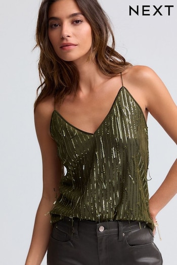 Green Khaki Sequin Fringed V-Neck Camisole (F01293) | £25