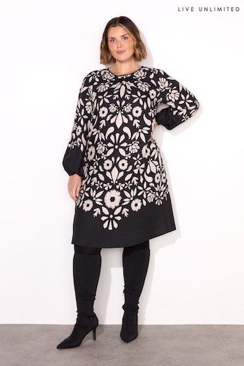 Live Unlimited Black Curve Graphic Floral Placement Dress (F03495) | £89