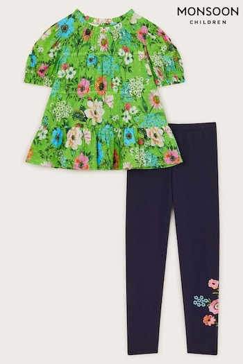 Monsoon Green Floral Print Tiered 100% Cotton Blouse and Leggings Set (F06650) | £38 - £43