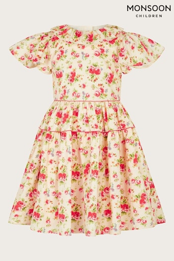 Monsoon Pink Frilly Short Sleeve Rose Print Dress (F06660) | £38 - £43