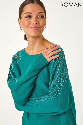 Roman Green Hotfix Embellished Sleeve Knit Jumper (F06959) | £42