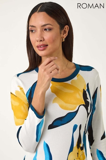 Roman Yellow Floral Print 3/4 Sleeve Knit Jumper (F07002) | £42