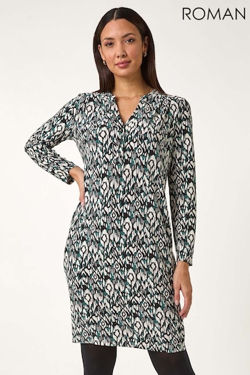 Roman Green Aztec Print V-Neck Shift Stretch Dress (F07004) | £50