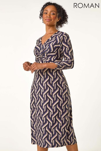 Roman Blue Petite Geo Print Twist Front Midi Dress (F09736) | £50