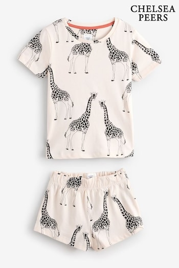 Chelsea Peers White Kids 100% Organic Cotton Cream Giraffe Print Crewneck Short Pyjamas Set (F19046) | £30