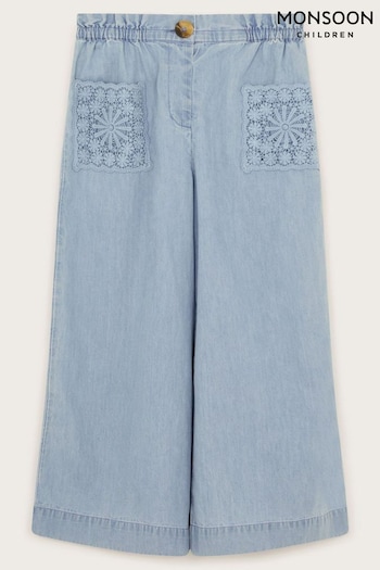 Monsoon Blue 100% Cotton Wide Leg Chambray Trousers (F21113) | £25 - £29