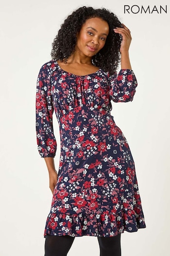 Roman Red Petite Gathered Floral Dress (F22281) | £42