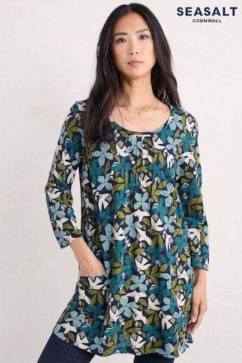 Seasalt Cornwall Blue Busy Lizzy 3/4 Sleeve Slub 100% Organic Cotton Jersey Tunic (F25406) | £53