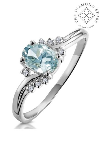 The Diamond Store 9K White Gold Aquamarine Blue 0.70CT And Diamond Ring (F27288) | £245