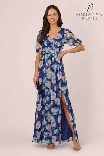 Adrianna Papell Blue Crinkle Chiffon Floral Print Gown (F27778) | £249