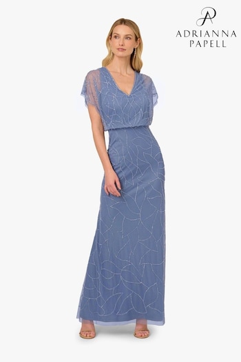 Adrianna Papell Blue Beaded Blouson Long Dress (F27779) | £199