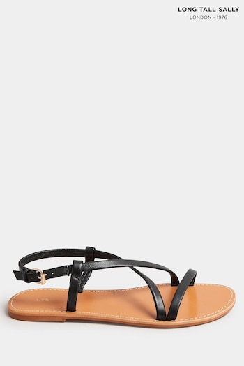 Long Tall Sally Black LTS Black Leather Crossover Strap Flat Sandals In Standard Fit (G76010) | £45