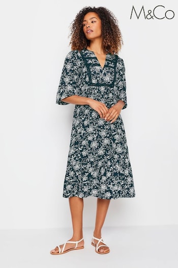 M&Co Blue Navy Damask Print Lace Trim Dress (G97407) | £39