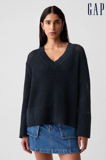 Gap Navy/Blue Cotton 24/7 Split-Hem Crochet Jumper (H37263) | £40