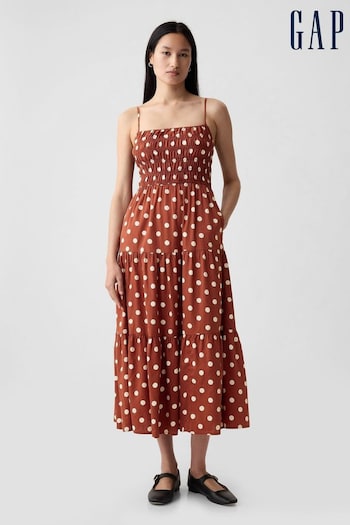 Gap Brown Cotton Smocked Tiered Midi Dress (H45977) | £60