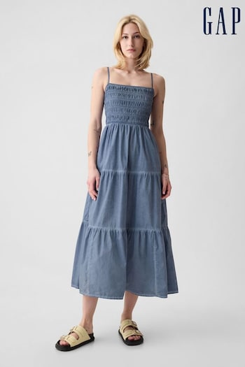 Gap Blue Cotton Smocked Tiered Midi Dress (H46388) | £60