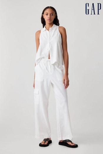 Gap White Linen Blend Wide Leg Cargo Pull On Trousers Extreme (H56638) | £40