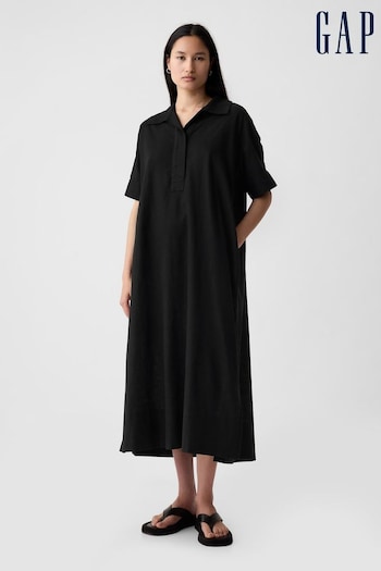 Gap Black Linen-Cotton Short Sleeve Maxi insert Dress (H59898) | £65