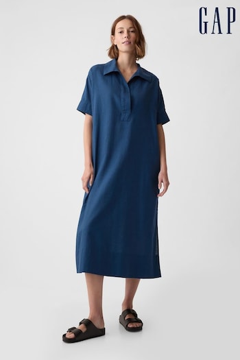 Gap Blue Linen-Cotton Short Sleeve Maxi Dress (H62658) | £65