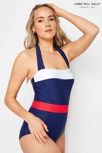 Long Tall Sally Navy Blue Colourblock Halter Neck Swimsuit (H74624) | £39