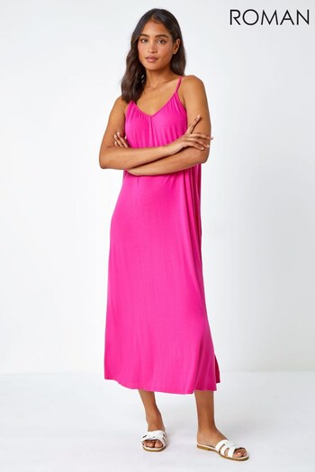 Roman Pink Plain Stretch Jersey Pocket Midi Dress (JY5276) | £36