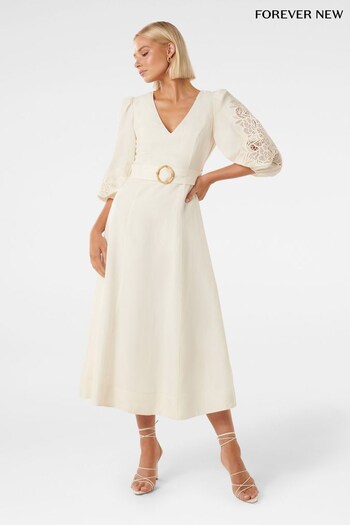 Forever New White Delphi Lace Trim Midi Dress with Linen (K00654) | £125