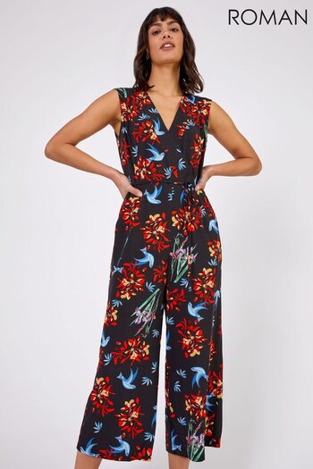 Roman Black Wrap Front Floral Print Jumpsuit (K00683) | £36