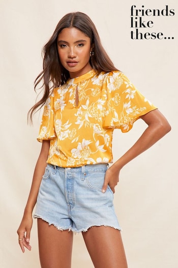 Friends Like These Yellow Printed Flutter Sleeve Keyhole Blouse (K00729) | £20