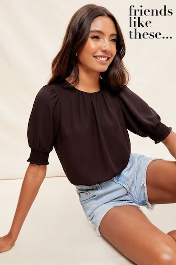 Friends Like These Black Round Neck Shirred Cuff Short Sleeve Top (K00968) | £26