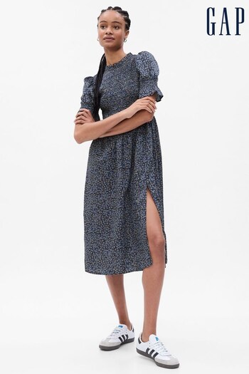 Gap Blue Puff Sleeve Smocked Midi Dress (K01254) | £70