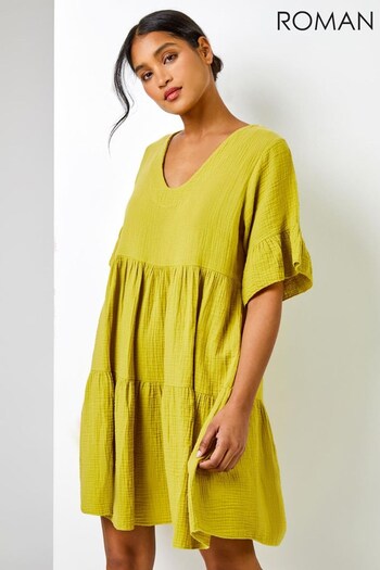 Roman Lime Green Textured Tiered Smock Dress (K01738) | £40