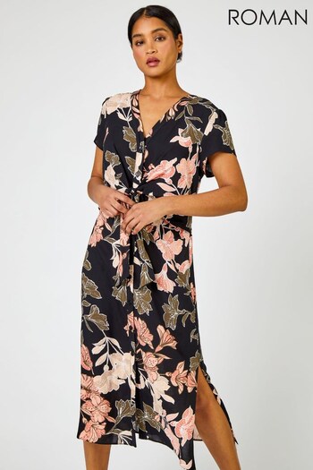 Roman Black Tropical Print Tie Knot Detail Dress (K01752) | £38