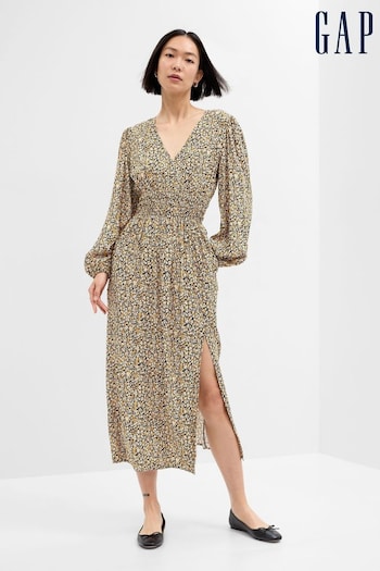 Gap Brown Smocked V-Neck Long Sleeve Maxi Dress (K01906) | £55