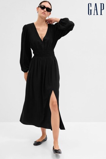 Gap Black Smocked V-Neck Long Sleeve Maxi Dress (K01907) | £55