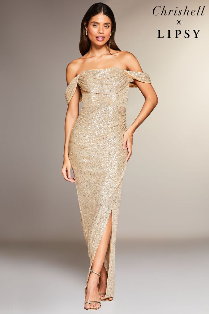 Lipsy Gold Bardot Split Drape Maxi Dress (K01985) | £99