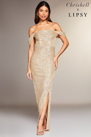Lipsy Gold Sequin Bardot Split Drape Maxi Dress (K01985) | £99