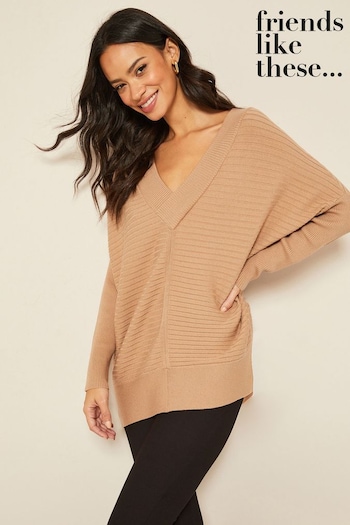Friends Like These Brown V Neck Tunic Knitted Jumper (K02070) | £30