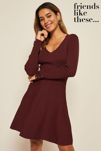 T-Shirts & Polo Shirts Dark Cherry Long Sleeve Knitted V Neck Fit and Flare Dress (K02093) | £46