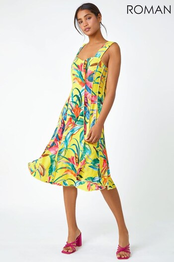 Roman Yellow Tropical Print Stretch Panel Dress (K02451) | £42