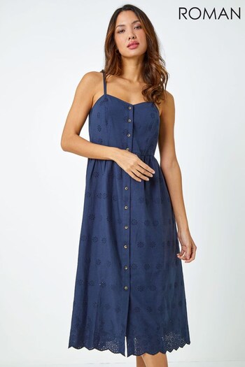 Roman Navy Blue Cotton Blend Embroidered Stretch Dress (K02499) | £45