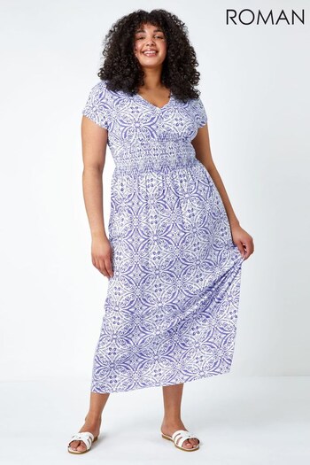 Roman Purple & White Curve Aztec Print Shirred Midi Dress (K02627) | £38