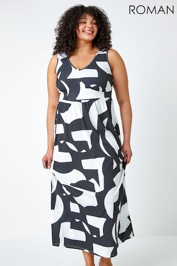 Roman Black & White Curve Abstract Print Maxi Stretch Dress (K02628) | £40