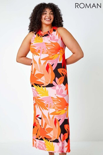 Roman Orange & Black Curve Tropical Stretch Jersey Maxi Dress (K02629) | £48