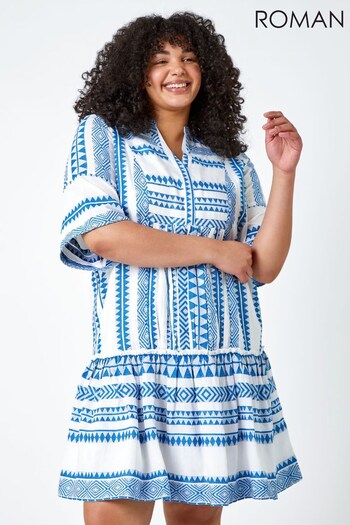 Roman Blue & White Curve Embroidered Tiered Smock Dress (K02630) | £40
