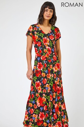 Roman Black Floral Print Fit & Flare Maxi Dress (K04665) | £36