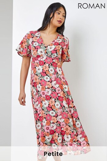 Roman Pink Multi Petite Floral Print Flute Sleeve Dress (K04698) | £40