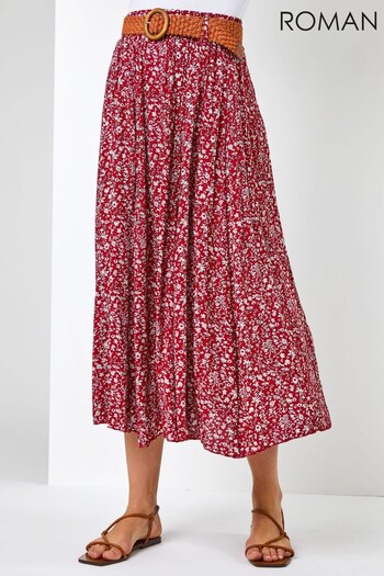 Roman Red Ditsy Floral Belted Midi Skirt (K04764) | £35