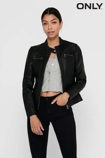 ONLY Black Petite Collarless Faux Leather Biker Jacket (K06053) | £38