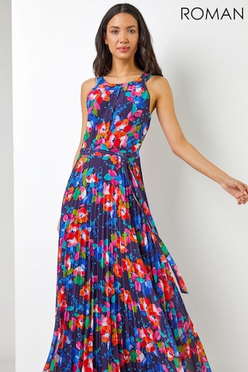 Roman Blue & Red Floral Print Pleated Maxi Dress (K06399) | £55